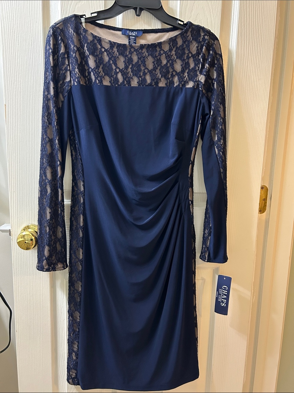 Chaps Navy Lace Long Sleeve Sheath Dress